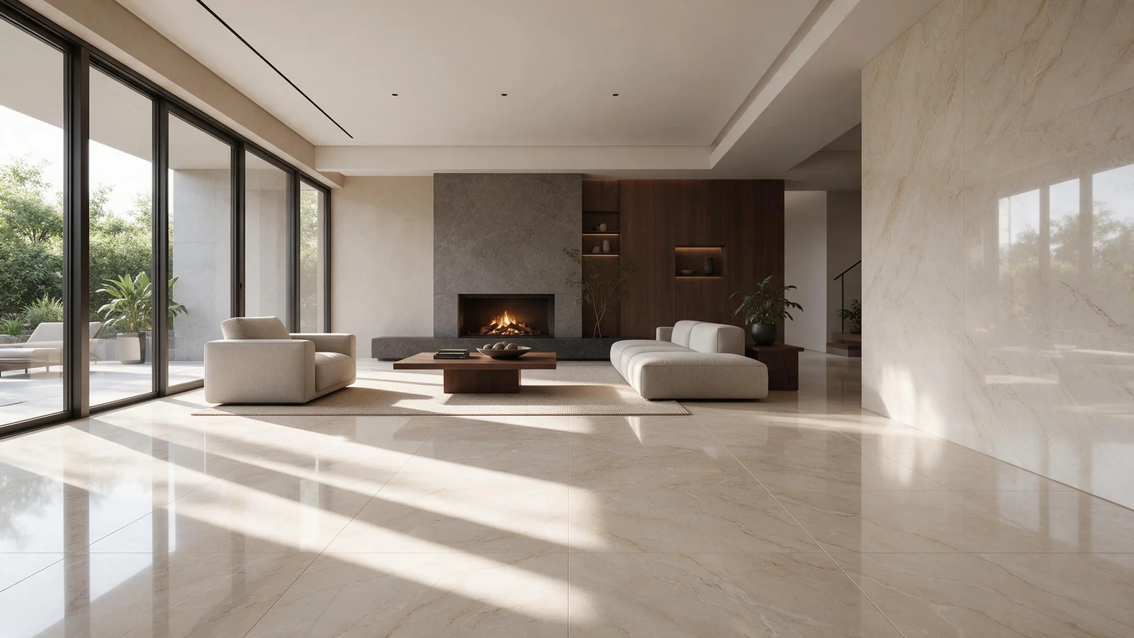 Illustrative render (AI-generated): natural stone flooring