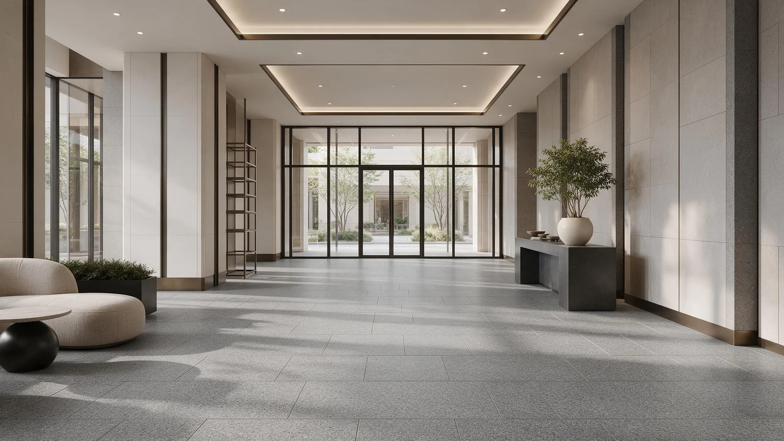 Illustrative render (AI-generated): natural stone flooring