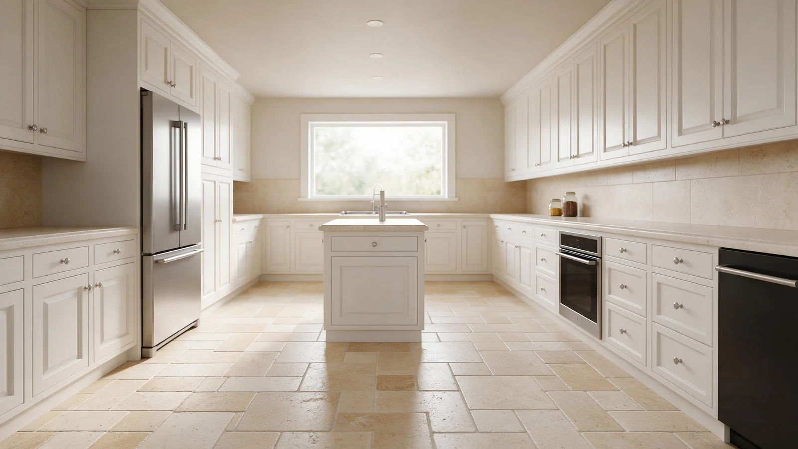 Illustrative render (AI-generated): natural stone flooring